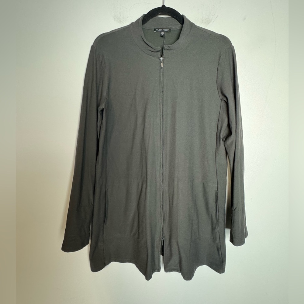 Eileen Fisher Cobblestone Stretch Crepe Mandarin Collar Jacket Washable M